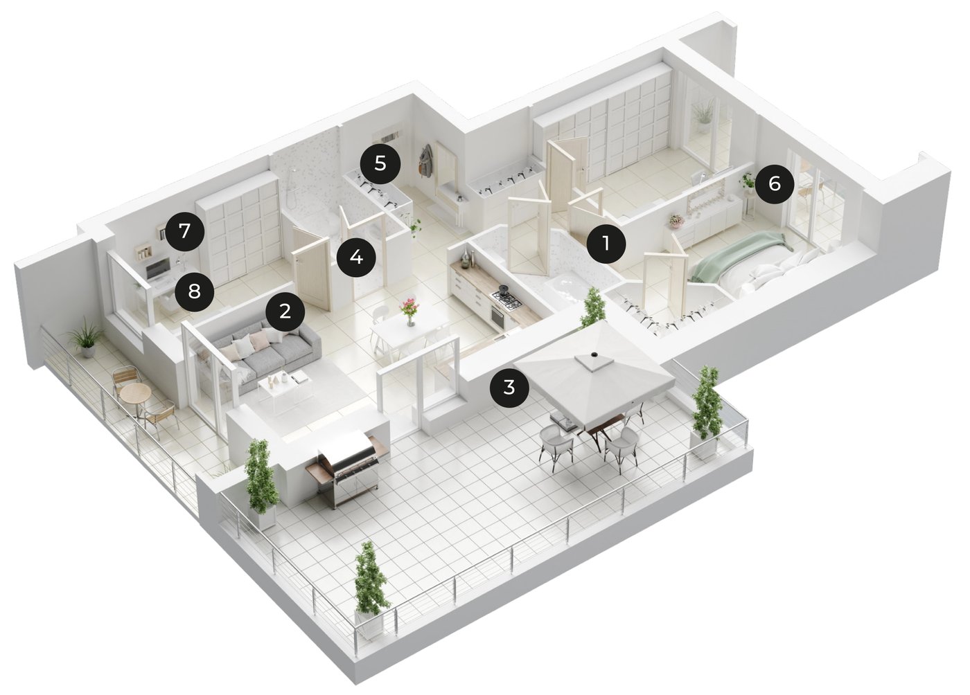 Plano de vivienda con funciones Cosmos numeradas